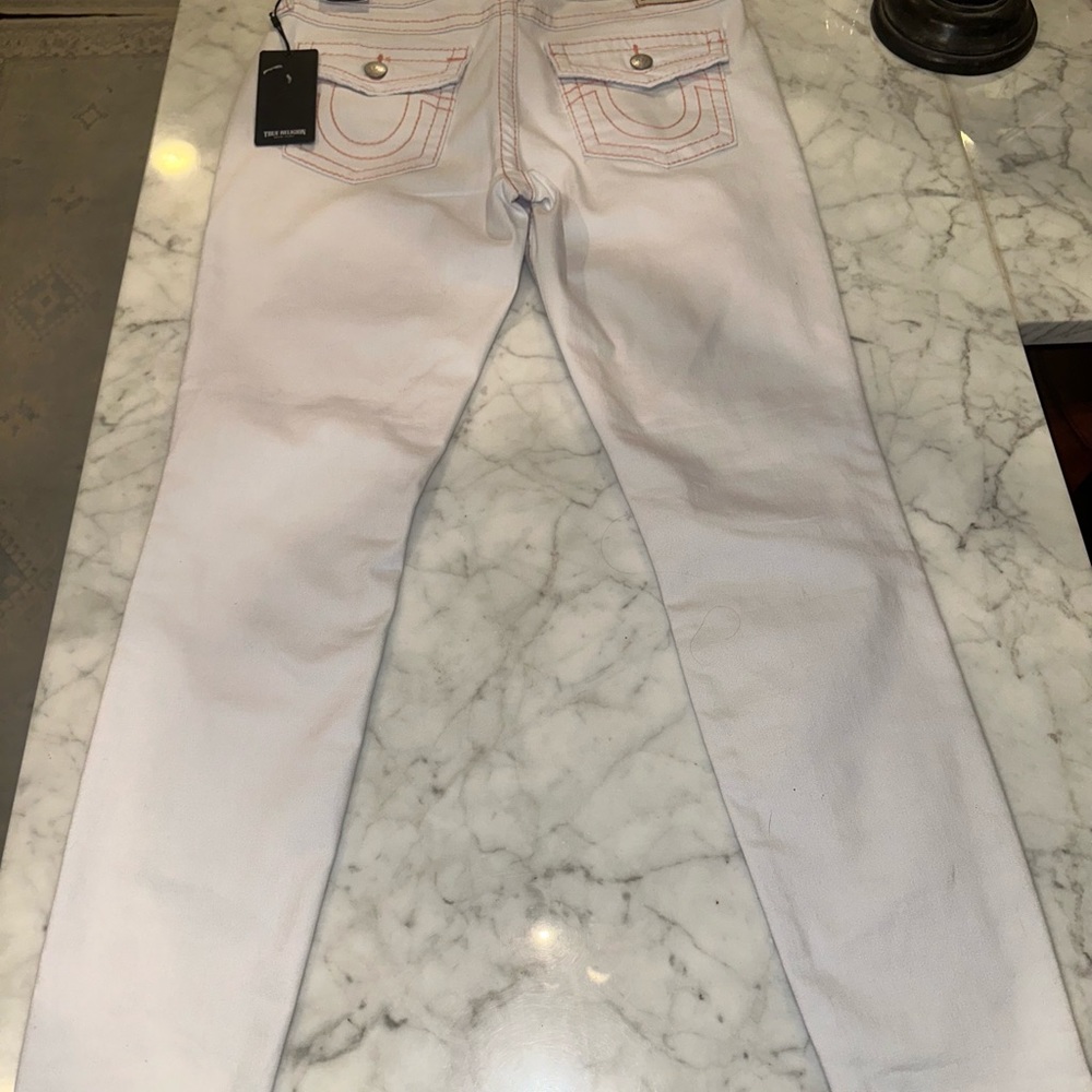 NWT True Religion Jennie Curvy Mid Rise Super Skinny White with Orange Size 31 - Picture 9 of 12